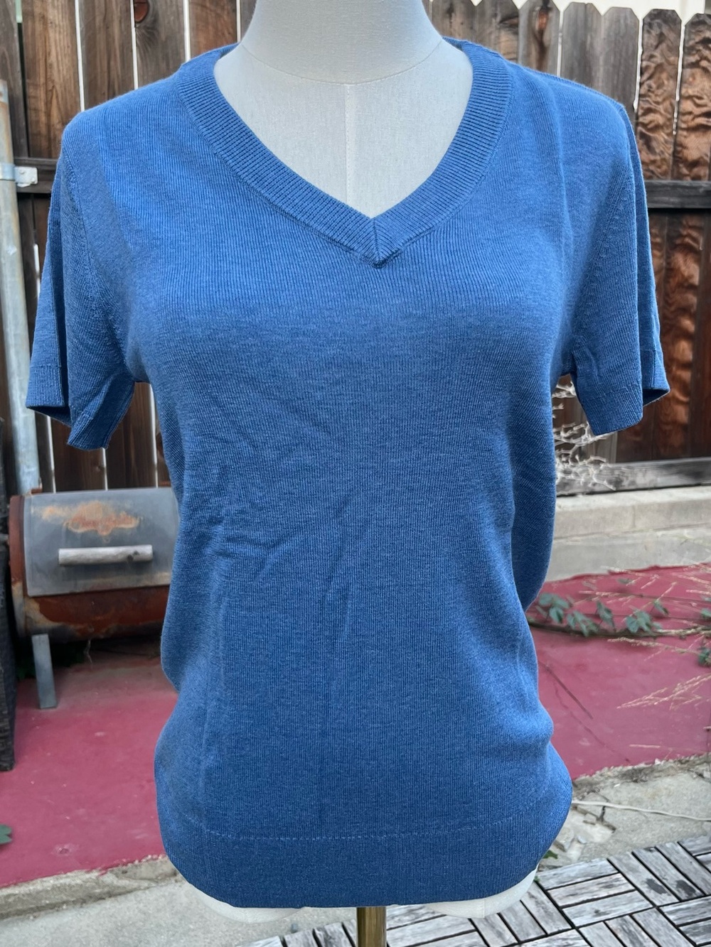 Blue V-Neck Short Sleeve Sweater - Picture 2 of 8